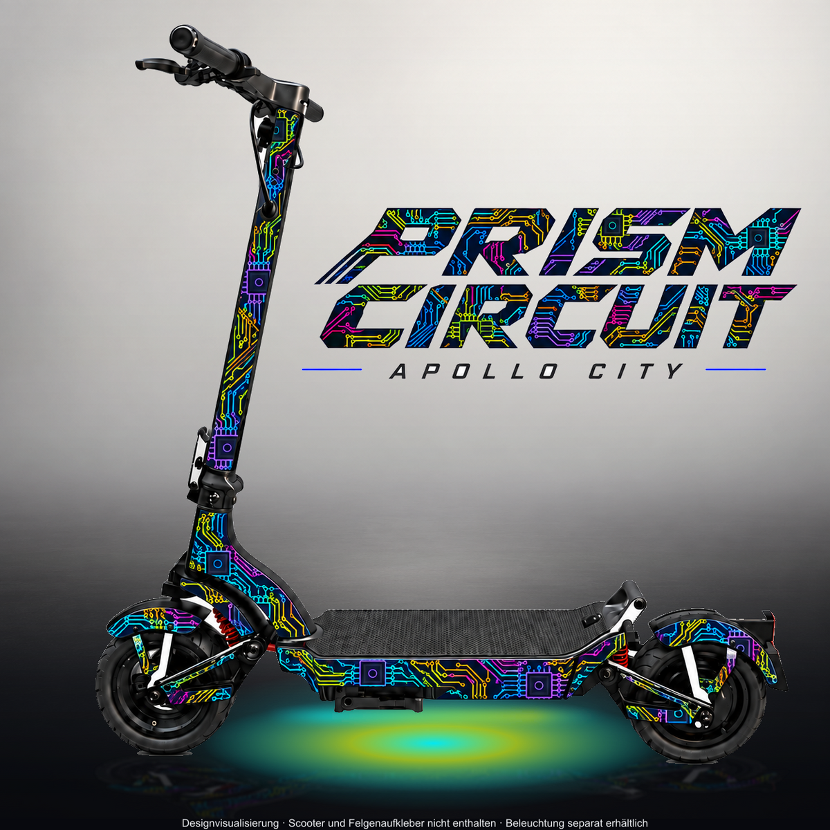 APOLLO CITY / CITY PRO (2022–2024) SKIN | PRISM CIRCUIT – Designvisualisierung im Studio-Look mit Licht in der Skinfarbe; Scooter nicht enthalten, Beleuchtung separat erhältlich