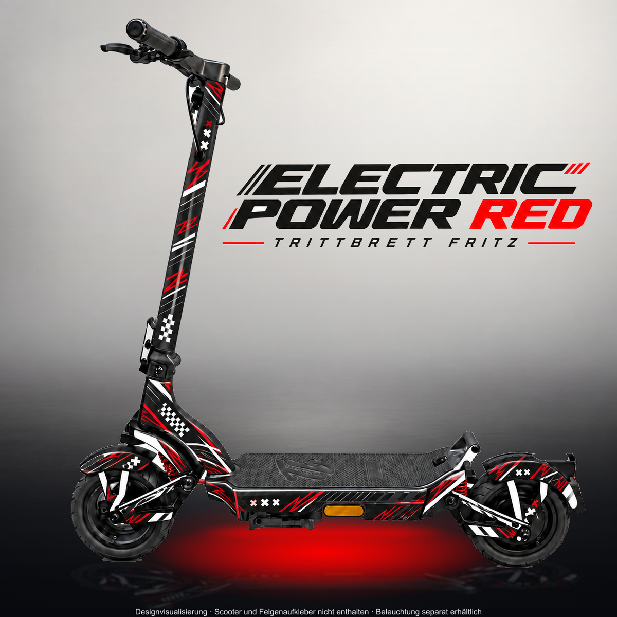 TRITTBRETT FRITZ SKIN | ELECTRIC POWER RED – Designvisualisierung im Studio-Look mit Licht in der Skinfarbe; Scooter nicht enthalten, Beleuchtung separat erhältlich