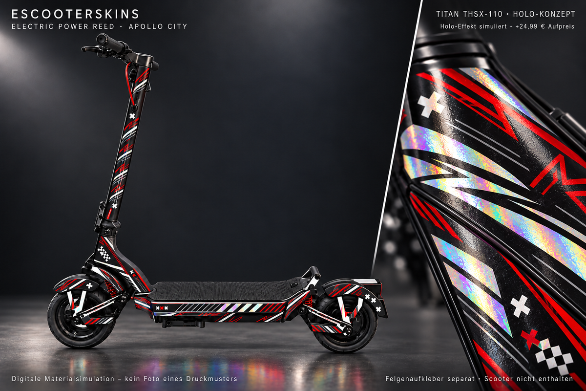 APOLLO CITY / CITY PRO (2022–2024) SKIN | ELECTRIC POWER RED – Holo-Effekt simuliert; +24,99 EUR Aufpreis. Digitale Materialsimulation, keine physische Druckprobe. Nur Body-Skin; Scooter und Felgenaufkleber nicht enthalten.
