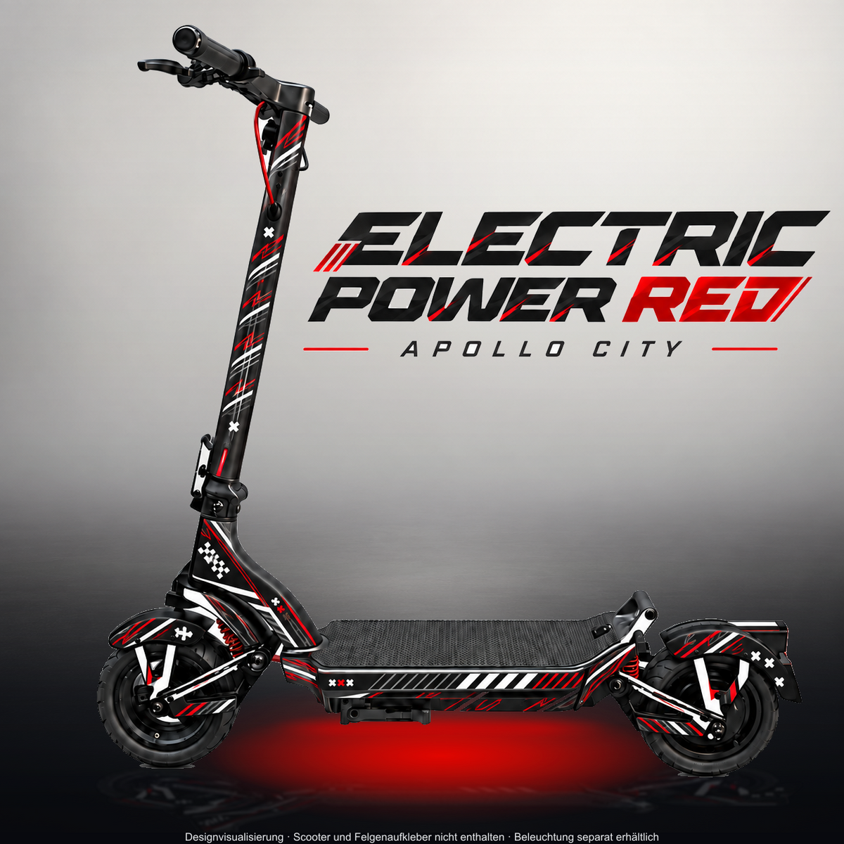 APOLLO CITY / CITY PRO (2022–2024) SKIN | ELECTRIC POWER RED – Designvisualisierung im Studio-Look mit Licht in der Skinfarbe; Scooter nicht enthalten, Beleuchtung separat erhältlich