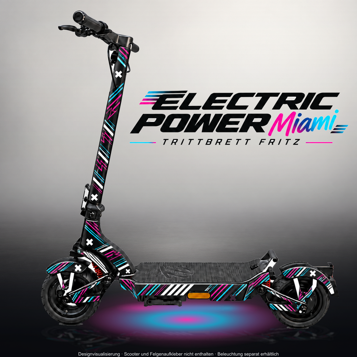 TRITTBRETT FRITZ SKIN | ELECTRIC POWER MIAMI – Designvisualisierung im Studio-Look mit Licht in der Skinfarbe; Scooter nicht enthalten, Beleuchtung separat erhältlich