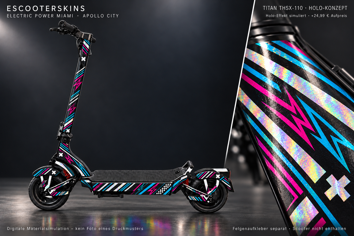 APOLLO CITY / CITY PRO (2022–2024) SKIN | ELECTRIC POWER MIAMI – Holo-Effekt simuliert; +24,99 EUR Aufpreis. Digitale Materialsimulation, keine physische Druckprobe. Nur Body-Skin; Scooter und Felgenaufkleber nicht enthalten.