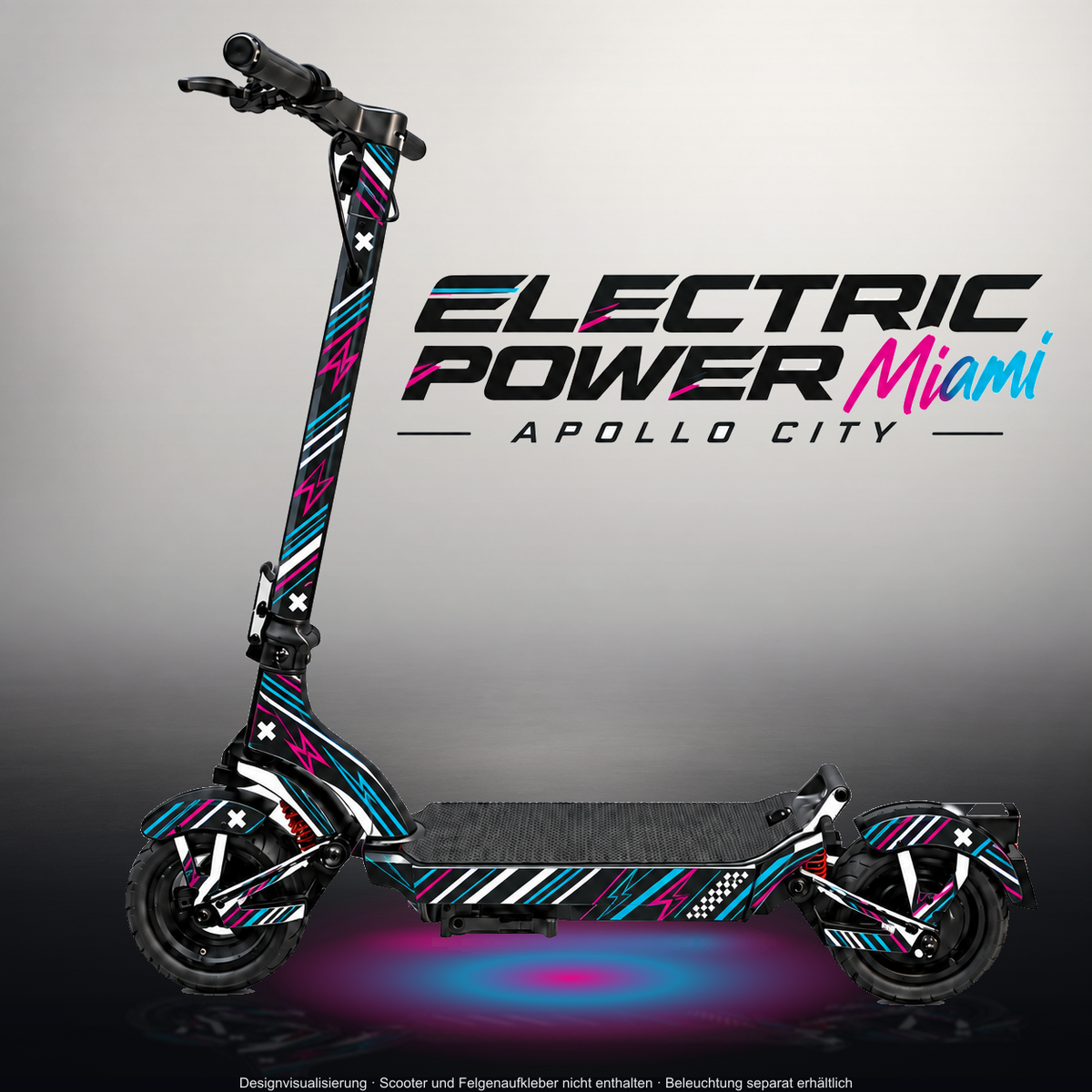 APOLLO CITY / CITY PRO (2022–2024) SKIN | ELECTRIC POWER MIAMI – Designvisualisierung im Studio-Look mit Licht in der Skinfarbe; Scooter nicht enthalten, Beleuchtung separat erhältlich