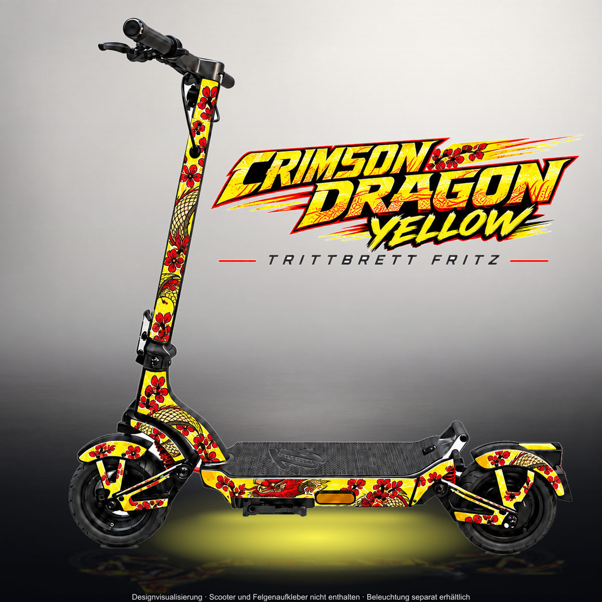 TRITTBRETT FRITZ SKIN | CRIMSON DRAGON YELLOW – Designvisualisierung im Studio-Look mit Licht in der Skinfarbe; Scooter nicht enthalten, Beleuchtung separat erhältlich