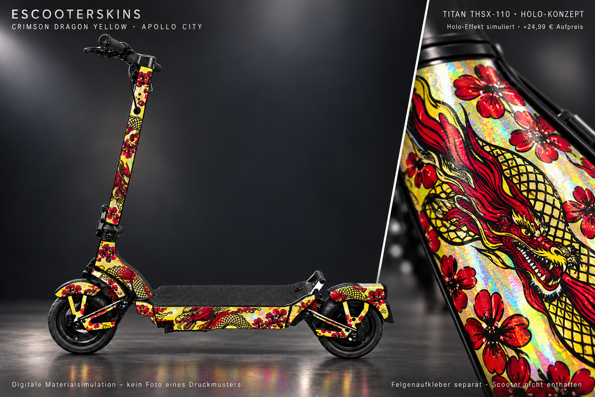APOLLO CITY / CITY PRO (2022–2024) SKIN | CRIMSON DRAGON YELLOW – Holo-Effekt simuliert; +24,99 EUR Aufpreis. Digitale Materialsimulation, keine physische Druckprobe. Nur Body-Skin; Scooter und Felgenaufkleber nicht enthalten.
