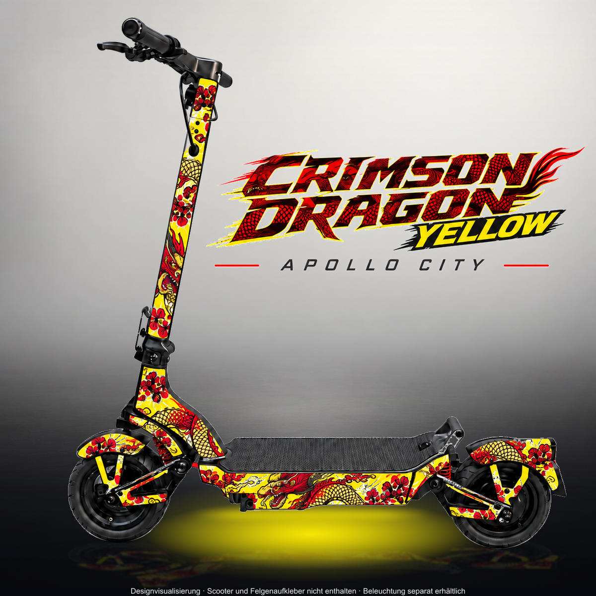 APOLLO CITY / CITY PRO (2022–2024) SKIN | CRIMSON DRAGON YELLOW – Designvisualisierung im Studio-Look mit Licht in der Skinfarbe; Scooter nicht enthalten, Beleuchtung separat erhältlich