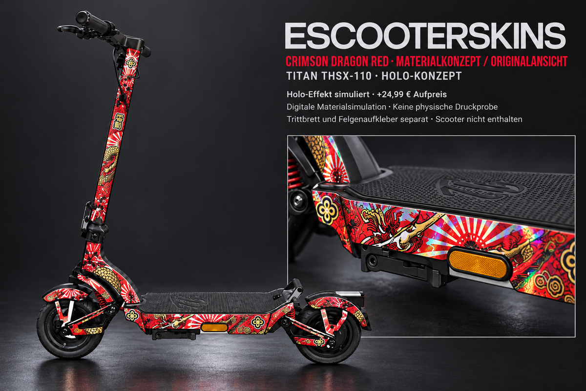 CRIMSON DRAGON RED · Holo-Effekt simuliert · +24,99 € Aufpreis · digitale Materialsimulation, keine physische Druckprobe; Trittbrett und Felgenaufkleber separat; Scooter nicht enthalten.