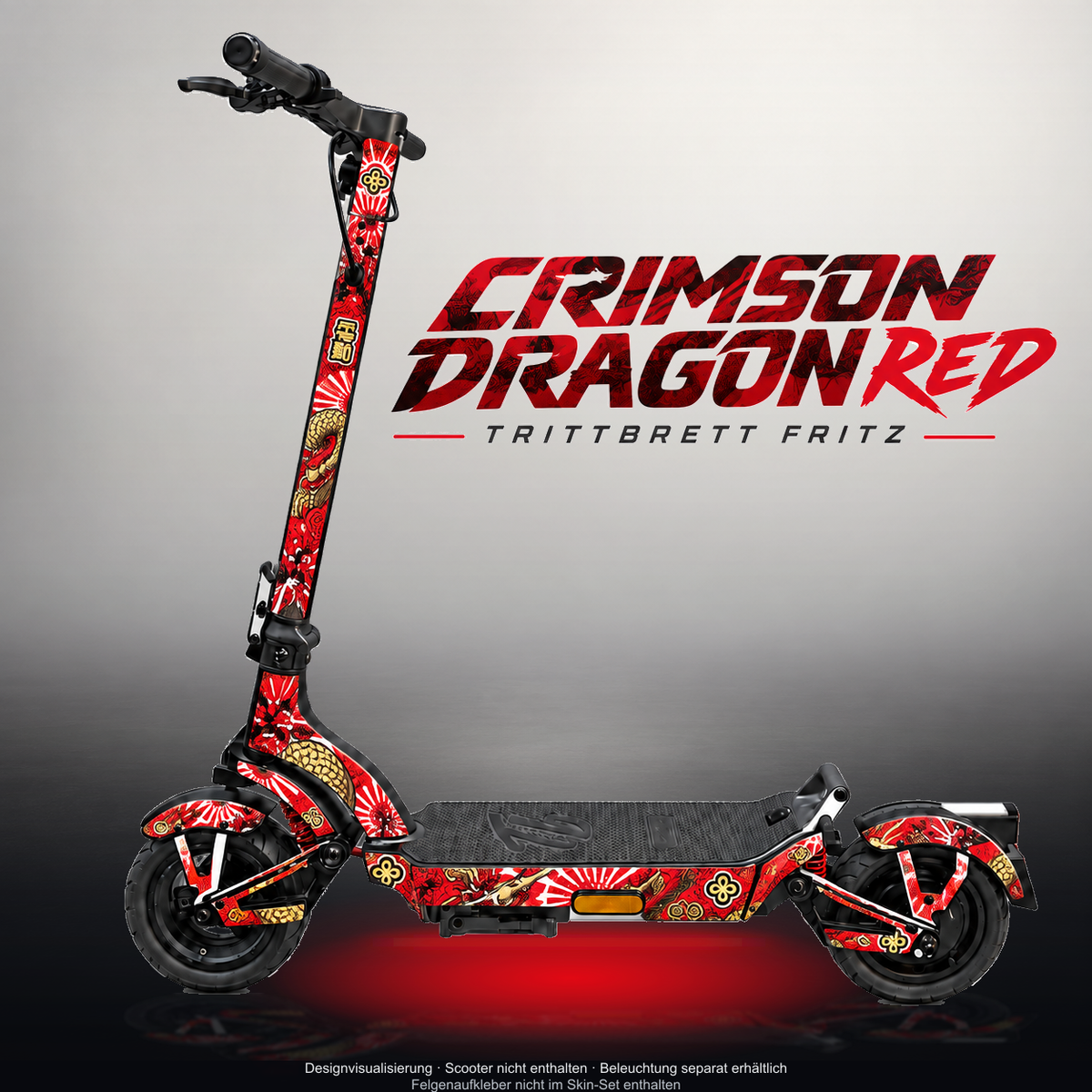 TRITTBRETT FRITZ SKIN | CRIMSON DRAGON RED – Studiofoto mit Licht in der Skinfarbe; Scooter und Beleuchtung separat erhältlich