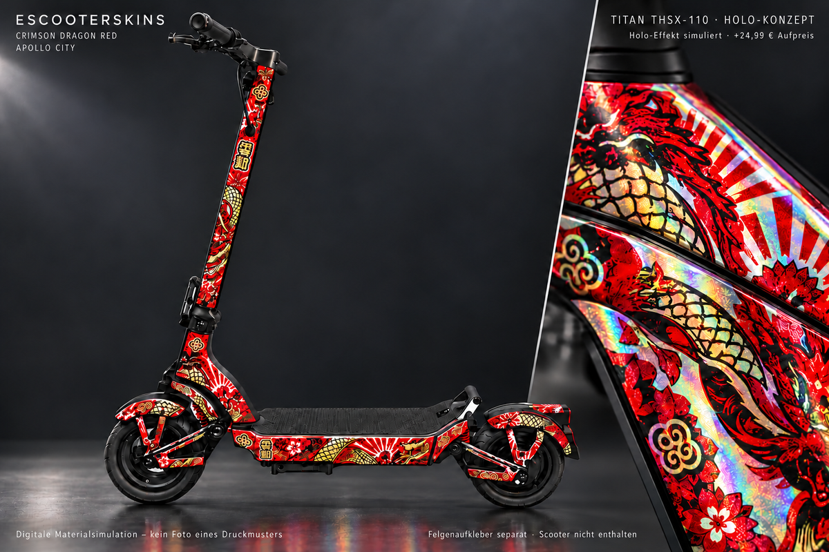 APOLLO CITY / CITY PRO (2022–2024) SKIN | CRIMSON DRAGON RED – Holo-Effekt simuliert; +24,99 EUR Aufpreis. Digitale Materialsimulation, keine physische Druckprobe. Nur Body-Skin; Scooter und Felgenaufkleber nicht enthalten.