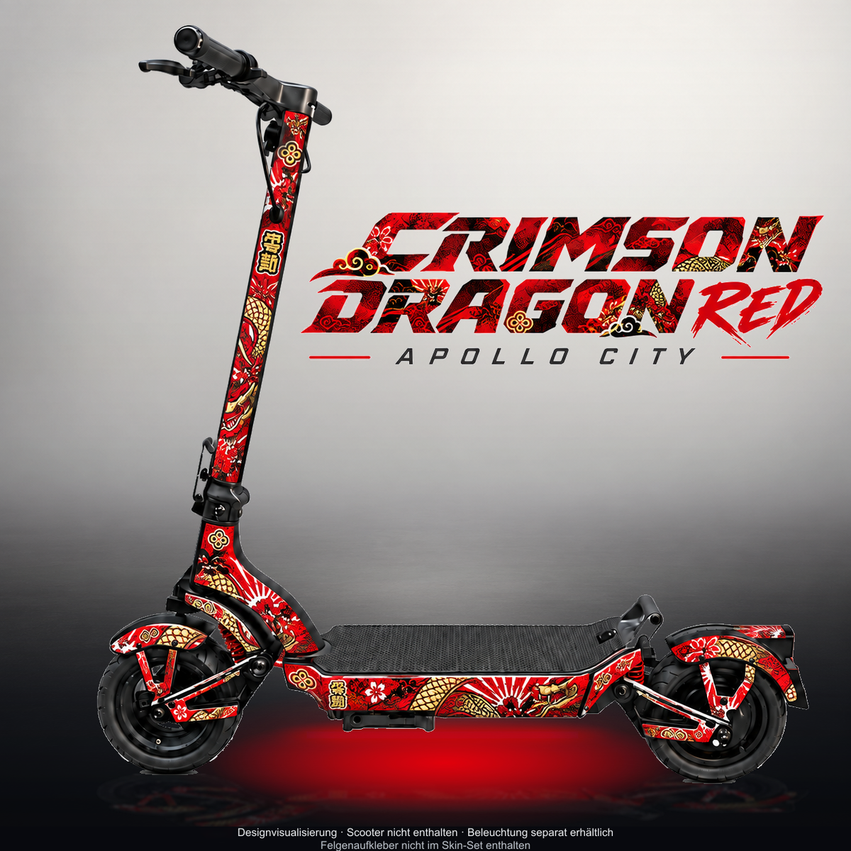 APOLLO CITY / CITY PRO (2022–2024) SKIN | CRIMSON DRAGON RED – Studiofoto mit Licht in der Skinfarbe; Scooter und Beleuchtung separat erhältlich