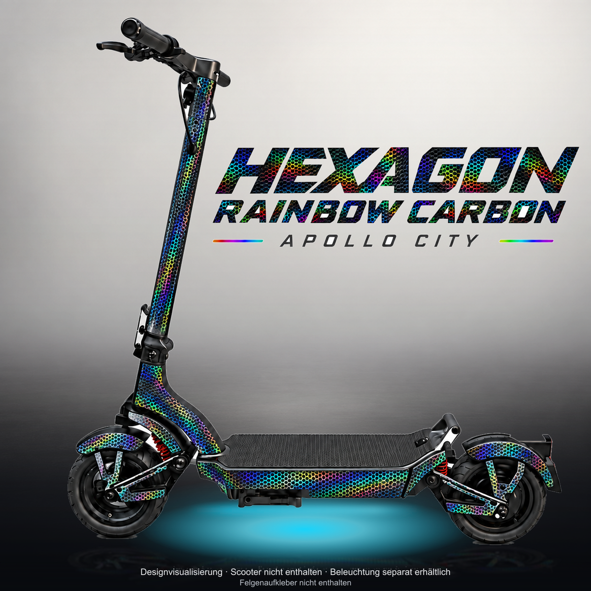 APOLLO CITY / CITY PRO (2022–2024) SKIN | HEXAGON RAINBOW CARBON – Studiofoto mit Licht in der Skinfarbe; Scooter und Beleuchtung separat erhältlich