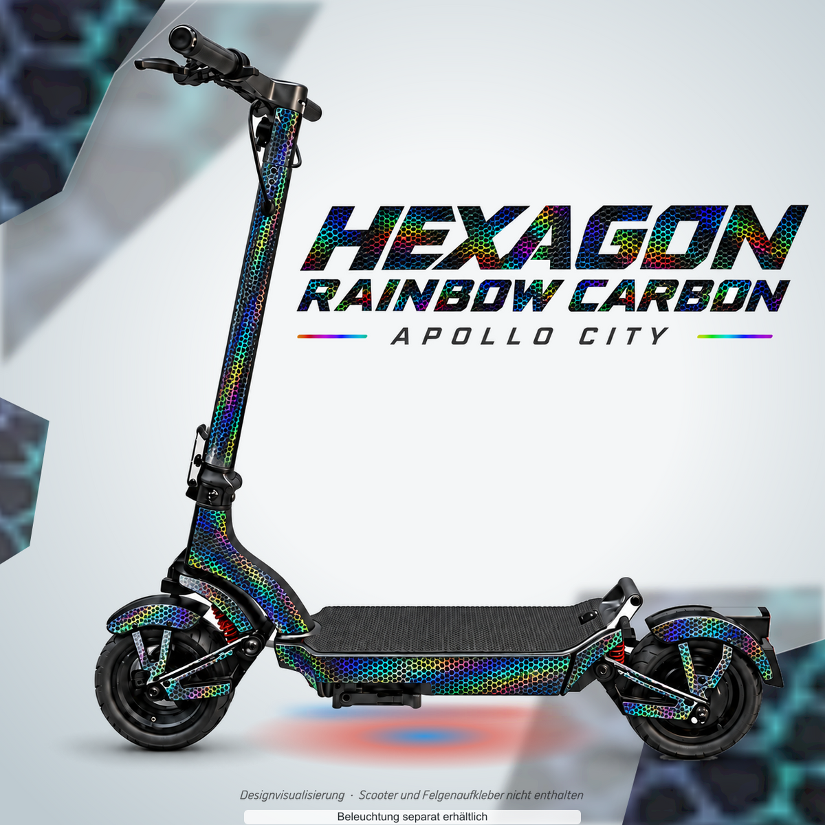 APOLLO CITY / CITY PRO (2022–2024) SKIN | HEXAGON RAINBOW CARBON – Designvisualisierung mit Lichtschein in Skin-Farben. Scooter nicht enthalten; Beleuchtung separat erhältlich.
