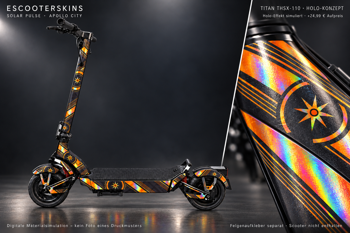 APOLLO CITY / CITY PRO (2022–2024) SKIN | SOLAR PULSE – Holo-Effekt simuliert; +24,99 EUR Aufpreis. Digitale Materialsimulation, keine physische Druckprobe. Nur Body-Skin; Scooter und Felgenaufkleber nicht enthalten.