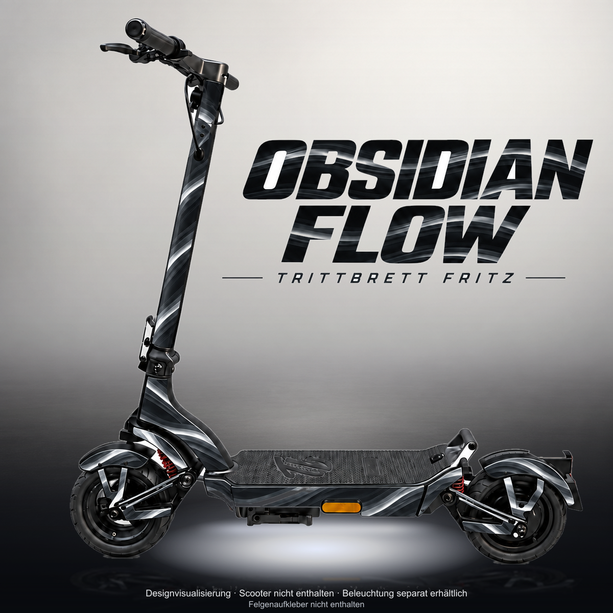 TRITTBRETT FRITZ SKIN | OBSIDIAN FLOW – Studiofoto mit Licht in der Skinfarbe; Scooter und Beleuchtung separat erhältlich