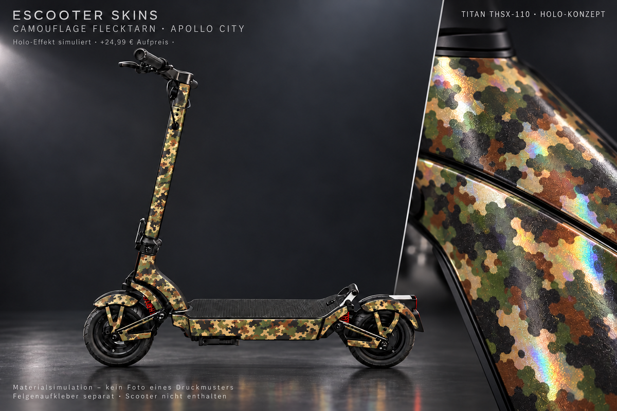 APOLLO CITY / CITY PRO (2022–2024) SKIN | CAMOUFLAGE FLECKTARN – Holo-Effekt simuliert; +24,99 EUR Aufpreis. Digitale Materialsimulation, keine physische Druckprobe. Nur Body-Skin; Scooter und Felgenaufkleber nicht enthalten.