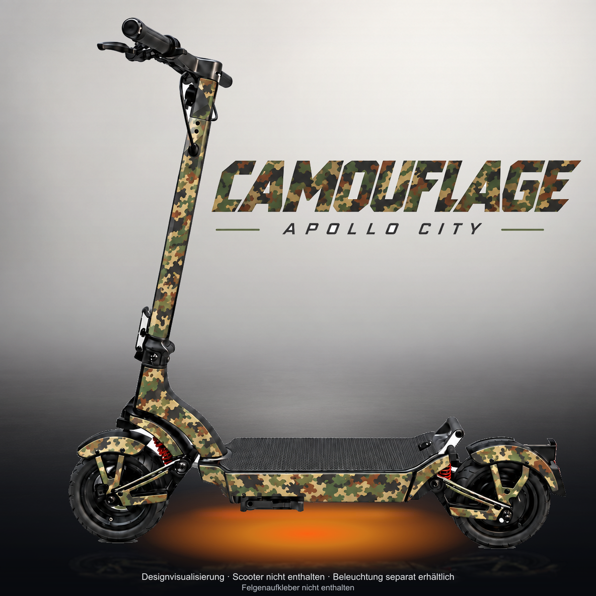 APOLLO CITY / CITY PRO (2022–2024) SKIN | CAMOUFLAGE FLECKTARN – Studiofoto mit Licht in der Skinfarbe; Scooter und Beleuchtung separat erhältlich