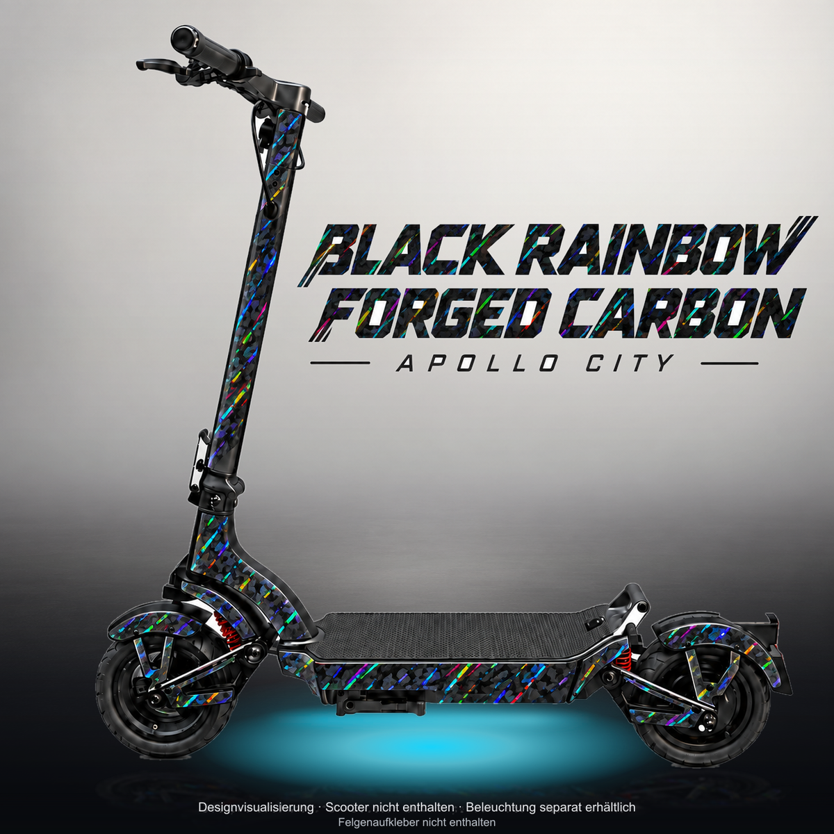 APOLLO CITY / CITY PRO (2022–2024) SKIN | BLACK RAINBOW FORGED CARBON – Studiofoto mit Licht in der Skinfarbe; Scooter und Beleuchtung separat erhältlich