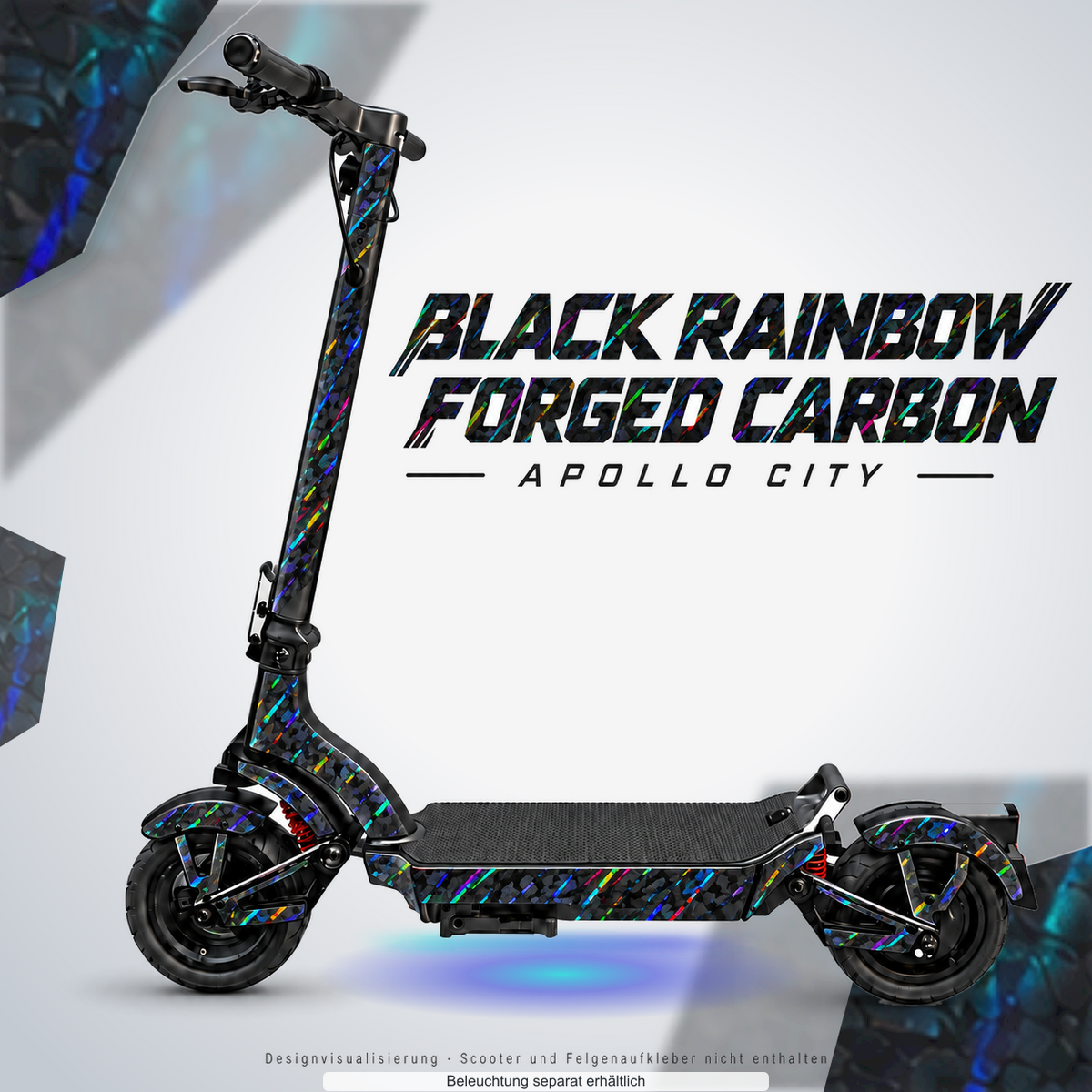 APOLLO CITY / CITY PRO (2022–2024) SKIN | BLACK RAINBOW FORGED CARBON – Designvisualisierung mit optionalem Lichteffekt. Beleuchtung und Reifenaufkleber separat erhältlich. Scooter nicht enthalten.