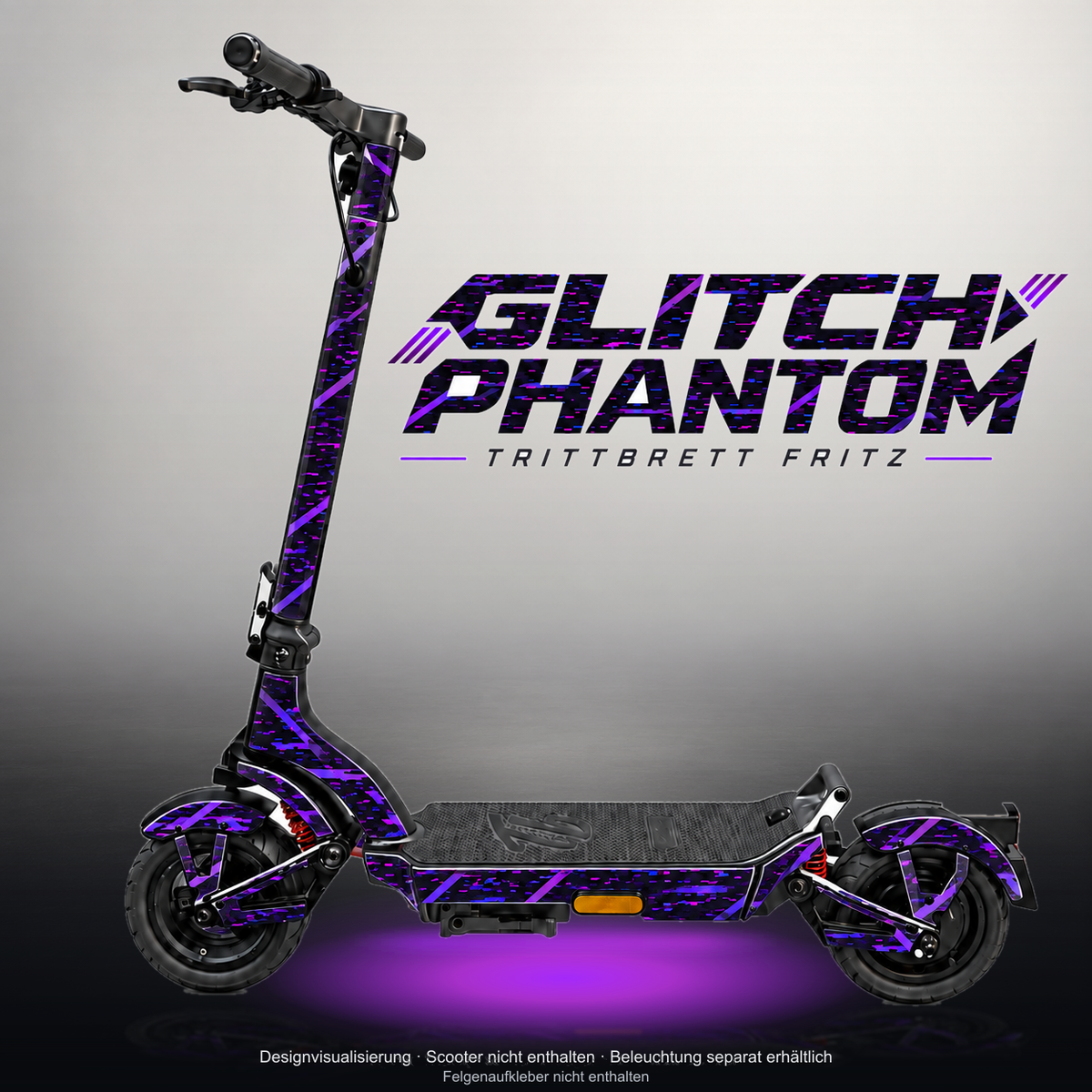 TRITTBRETT FRITZ SKIN | GLITCH PHANTOM – Studiofoto mit Licht in der Skinfarbe; Scooter und Beleuchtung separat erhältlich