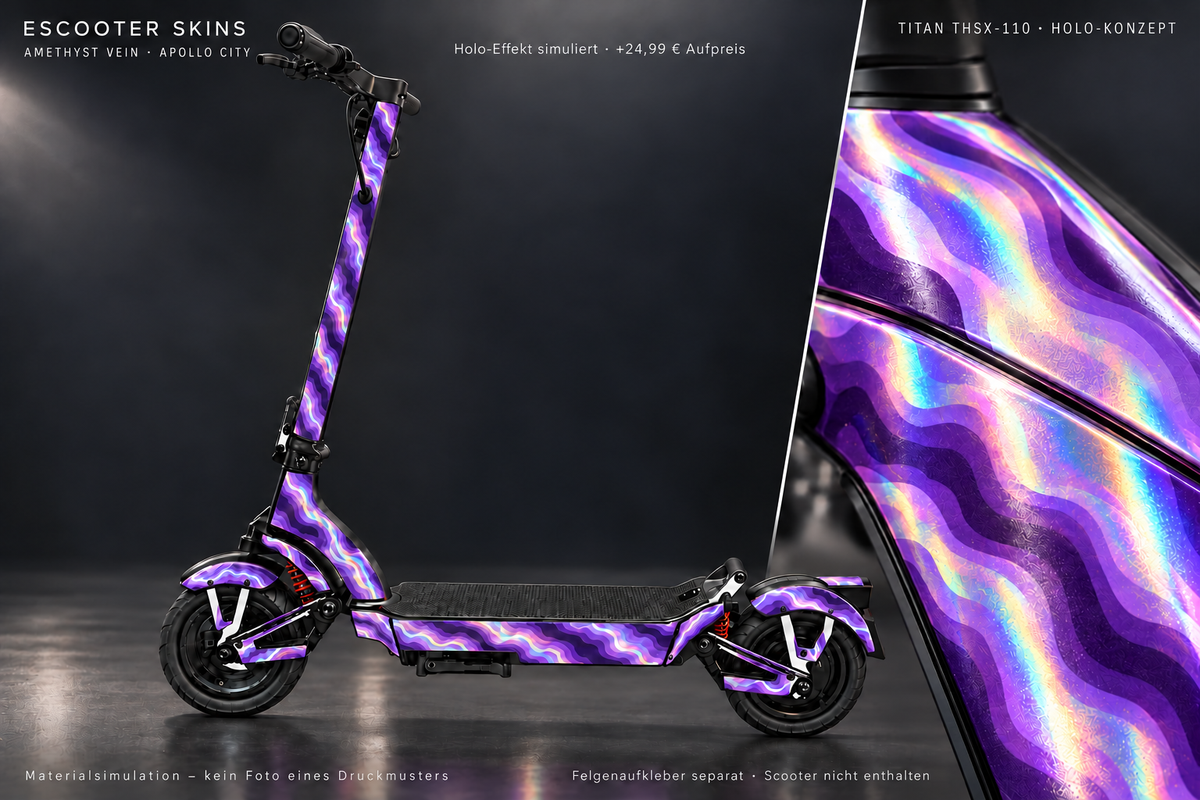 APOLLO CITY / CITY PRO (2022–2024) SKIN | AMETHYST VEIN – Holo-Effekt simuliert; +24,99 EUR Aufpreis. Digitale Materialsimulation, keine physische Druckprobe. Nur Body-Skin; Scooter und Felgenaufkleber nicht enthalten.