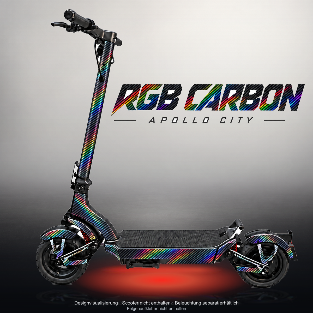 APOLLO CITY / CITY PRO (2022–2024) SKIN | RGB CARBON – Studiofoto mit Licht in der Skinfarbe; Scooter und Beleuchtung separat erhältlich