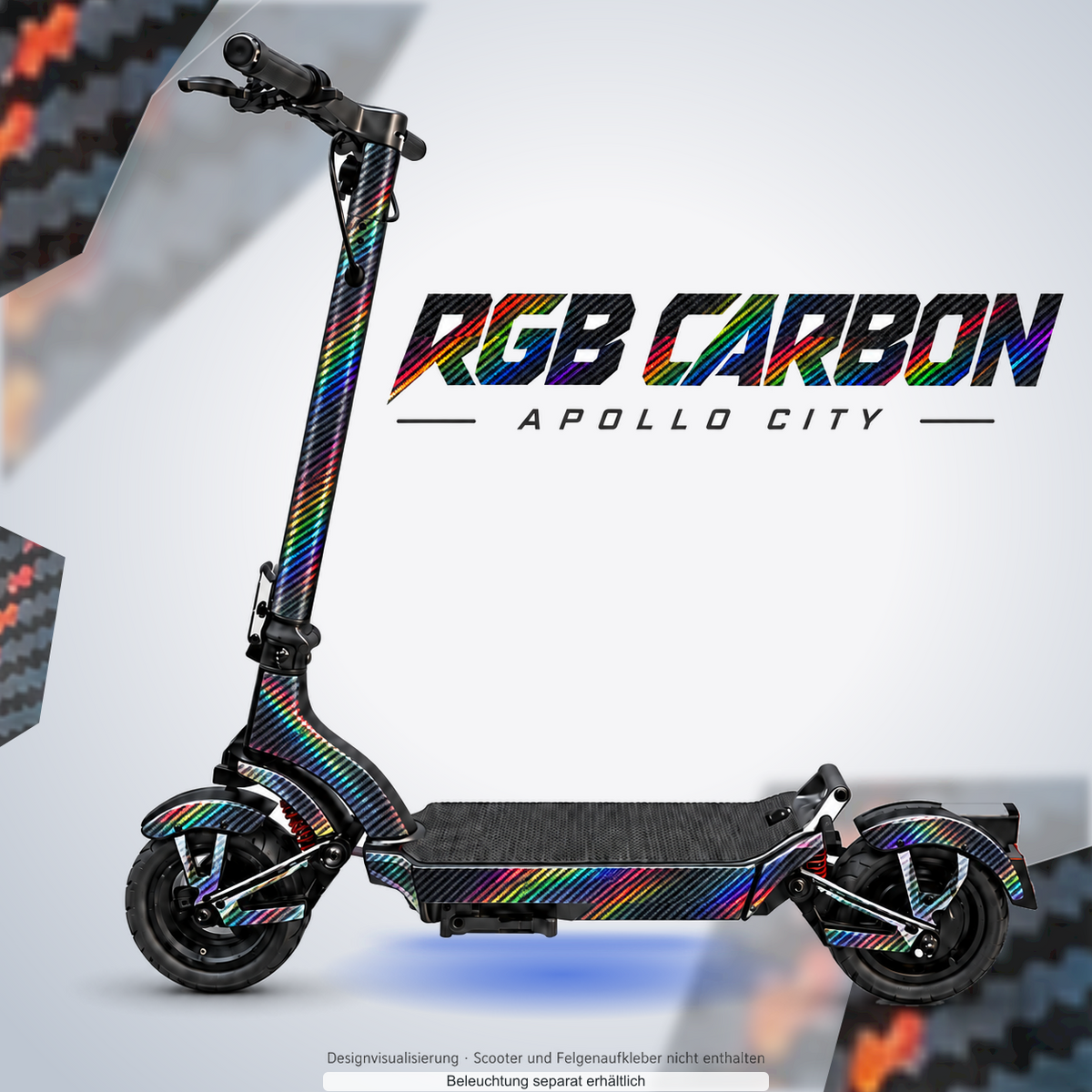 APOLLO CITY / CITY PRO (2022–2024) SKIN | RGB CARBON – Designvisualisierung mit optionalem Lichteffekt. Beleuchtung und Reifenaufkleber separat erhältlich. Scooter nicht enthalten.