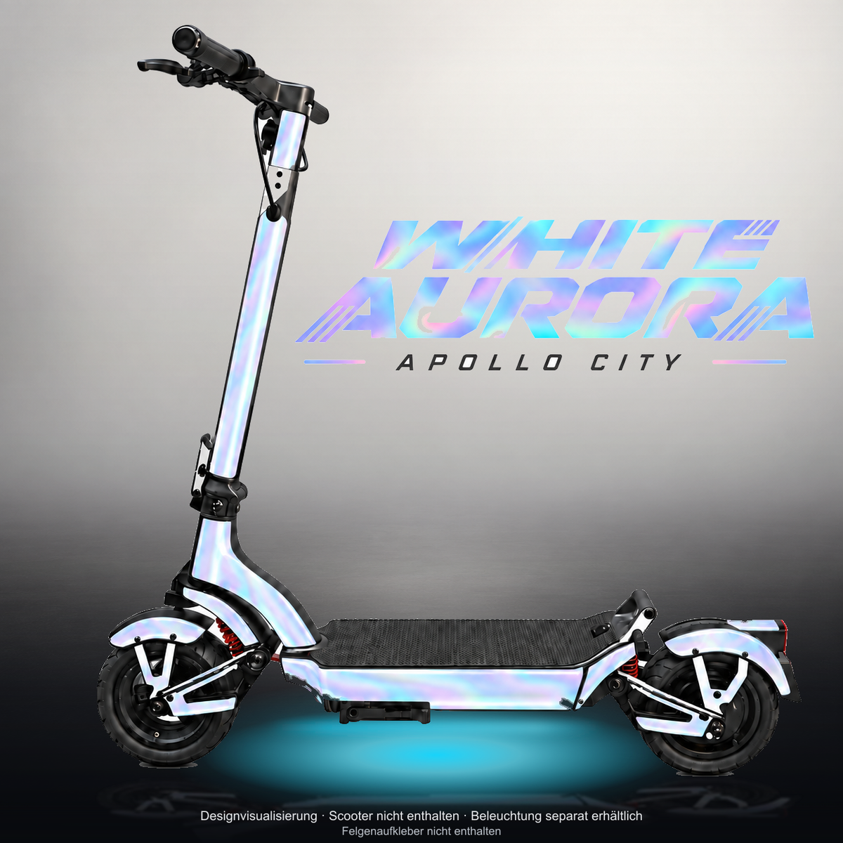 APOLLO CITY / CITY PRO (2022–2024) SKIN | WHITE AURORA – Studiofoto mit Licht in der Skinfarbe; Scooter und Beleuchtung separat erhältlich