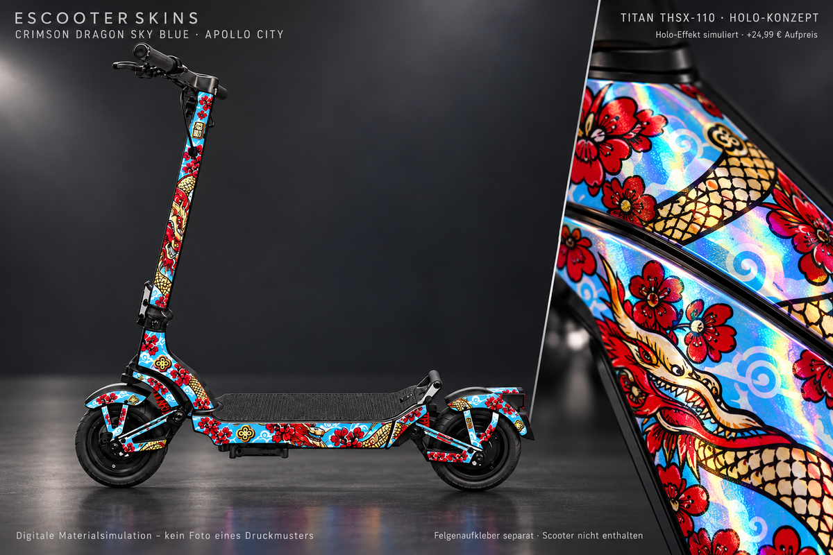 APOLLO CITY / CITY PRO (2022–2024) SKIN | CRIMSON DRAGON SKY BLUE – Holo-Effekt simuliert; +24,99 EUR Aufpreis. Digitale Materialsimulation, keine physische Druckprobe. Nur Body-Skin; Scooter und Felgenaufkleber nicht enthalten.