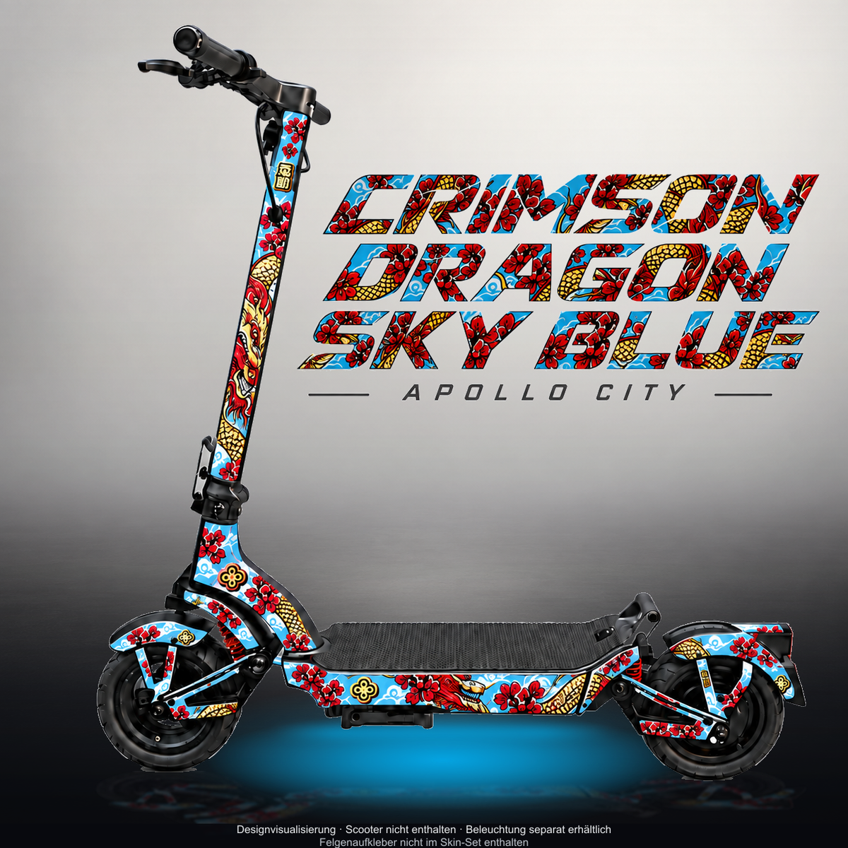 APOLLO CITY / CITY PRO (2022–2024) SKIN | CRIMSON DRAGON SKY BLUE – Studiofoto mit Licht in der Skinfarbe; Scooter und Beleuchtung separat erhältlich