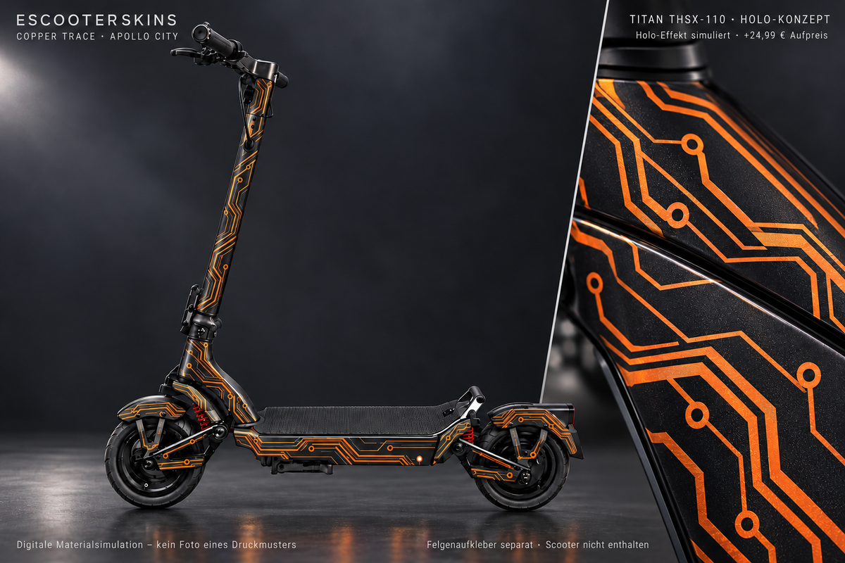 APOLLO CITY / CITY PRO (2022–2024) SKIN | COPPER TRACE – Holo-Effekt simuliert; +24,99 EUR Aufpreis. Digitale Materialsimulation, keine physische Druckprobe. Nur Body-Skin; Scooter und Felgenaufkleber nicht enthalten.