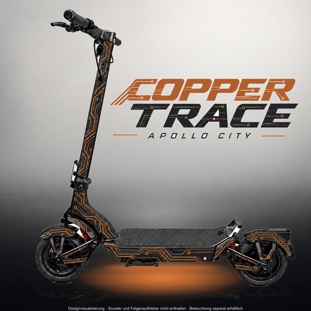 APOLLO CITY / CITY PRO (2022–2024) SKIN | COPPER TRACE – Designvisualisierung im Studio-Look mit Licht in der Skinfarbe; Scooter nicht enthalten, Beleuchtung separat erhältlich