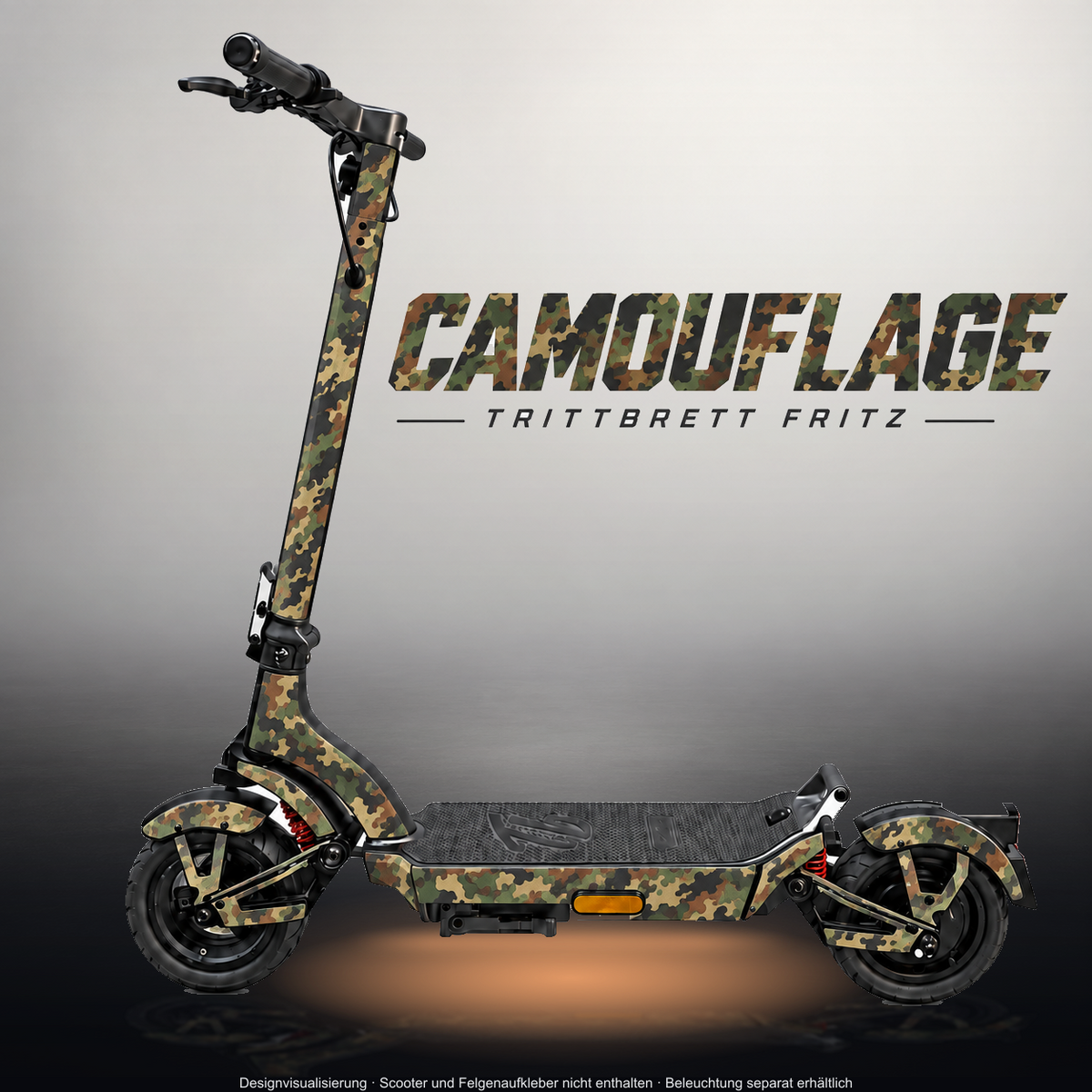 TRITTBRETT FRITZ SKIN | CAMOUFLAGE FLECKTARN – Designvisualisierung im Studio-Look mit Licht in der Skinfarbe; Scooter nicht enthalten, Beleuchtung separat erhältlich
