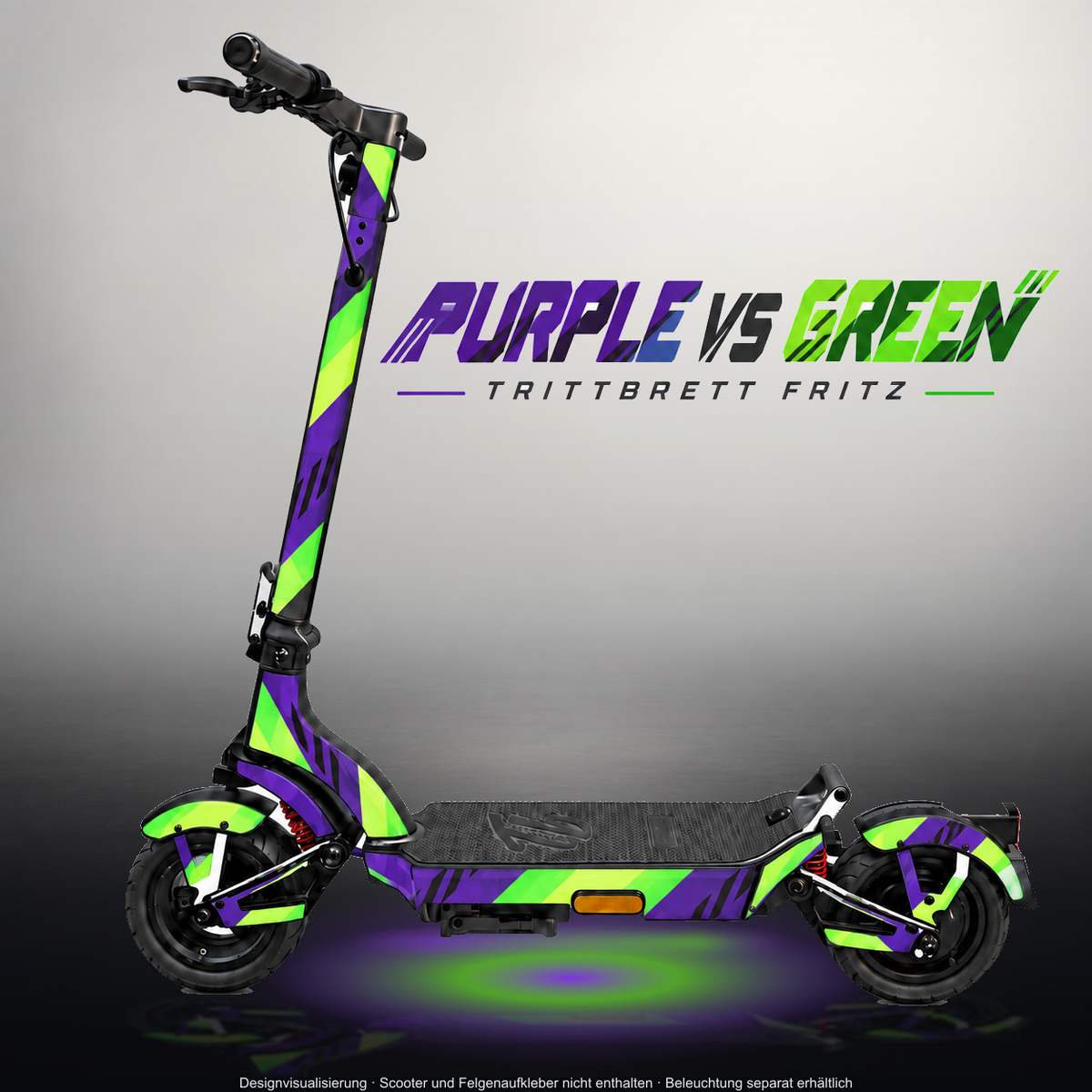 TRITTBRETT FRITZ SKIN | PURPLE VS GREEN – Designvisualisierung im Studio-Look mit Licht in der Skinfarbe; Scooter nicht enthalten, Beleuchtung separat erhältlich
