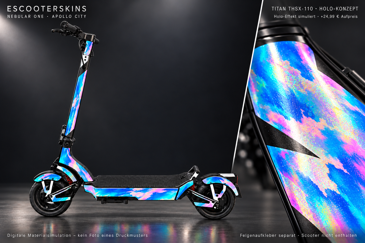 APOLLO CITY / CITY PRO (2022–2024) SKIN | NEBULAR ONE – Holo-Effekt simuliert; +24,99 EUR Aufpreis. Digitale Materialsimulation, keine physische Druckprobe. Nur Body-Skin; Scooter und Felgenaufkleber nicht enthalten.