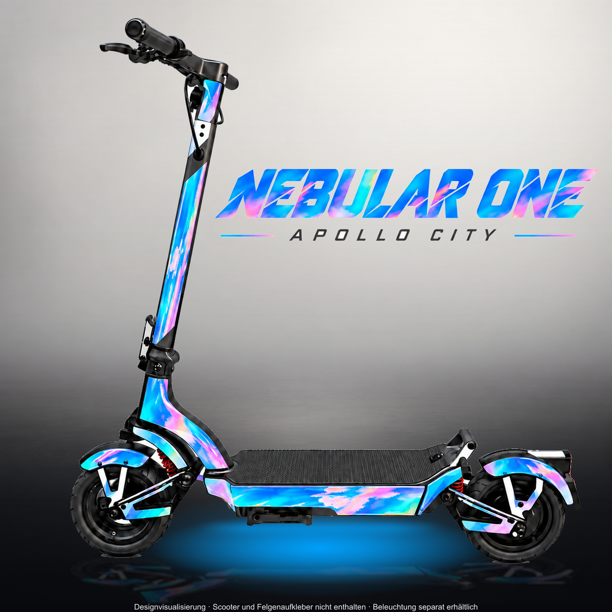 APOLLO CITY / CITY PRO (2022–2024) SKIN | NEBULAR ONE – Designvisualisierung im Studio-Look mit Licht in der Skinfarbe; Scooter nicht enthalten, Beleuchtung separat erhältlich