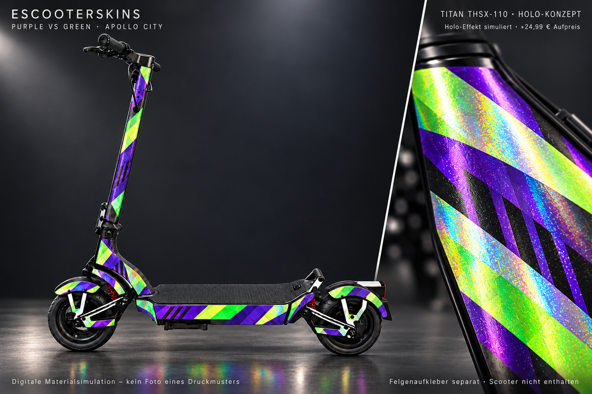 APOLLO CITY / CITY PRO (2022–2024) SKIN | PURPLE VS GREEN – Holo-Effekt simuliert; +24,99 EUR Aufpreis. Digitale Materialsimulation, keine physische Druckprobe. Nur Body-Skin; Scooter und Felgenaufkleber nicht enthalten.