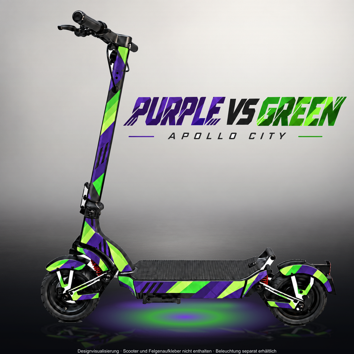 APOLLO CITY / CITY PRO (2022–2024) SKIN | PURPLE VS GREEN – Designvisualisierung im Studio-Look mit Licht in der Skinfarbe; Scooter nicht enthalten, Beleuchtung separat erhältlich