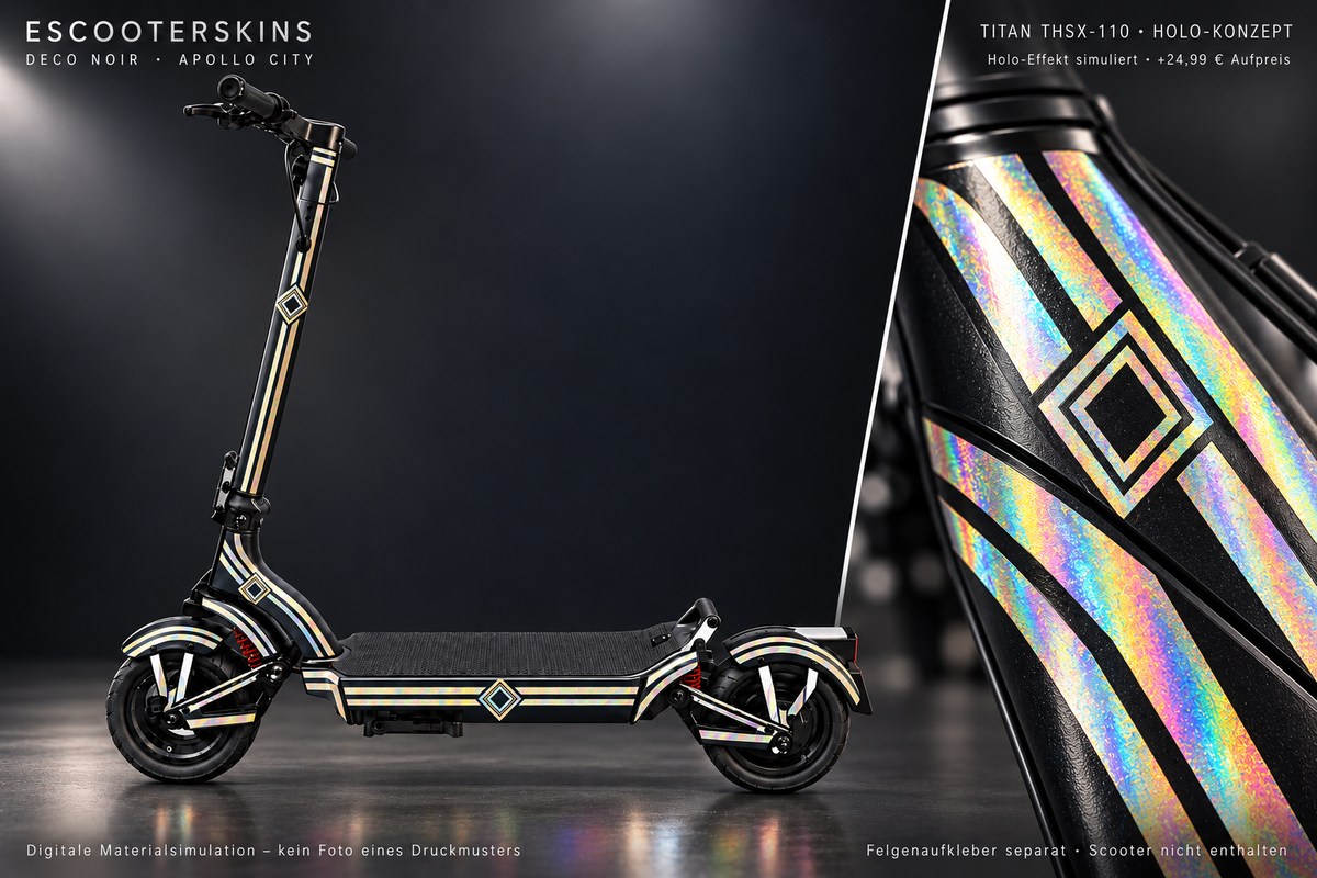 APOLLO CITY / CITY PRO (2022–2024) SKIN | DECO NOIR – Holo-Effekt simuliert; +24,99 EUR Aufpreis. Digitale Materialsimulation, keine physische Druckprobe. Nur Body-Skin; Scooter und Felgenaufkleber nicht enthalten.
