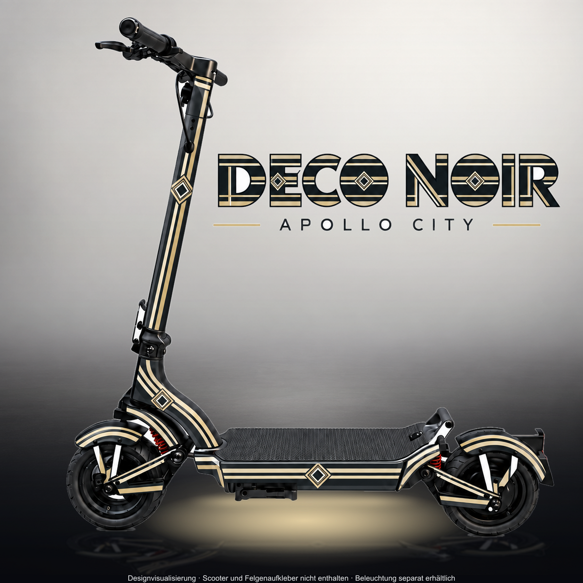 APOLLO CITY / CITY PRO (2022–2024) SKIN | DECO NOIR – Designvisualisierung im Studio-Look mit Licht in der Skinfarbe; Scooter nicht enthalten, Beleuchtung separat erhältlich