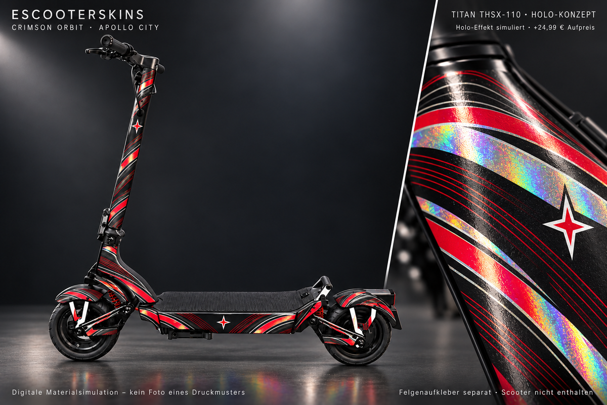 APOLLO CITY / CITY PRO (2022–2024) SKIN | CRIMSON ORBIT – Holo-Effekt simuliert; +24,99 EUR Aufpreis. Digitale Materialsimulation, keine physische Druckprobe. Nur Body-Skin; Scooter und Felgenaufkleber nicht enthalten.