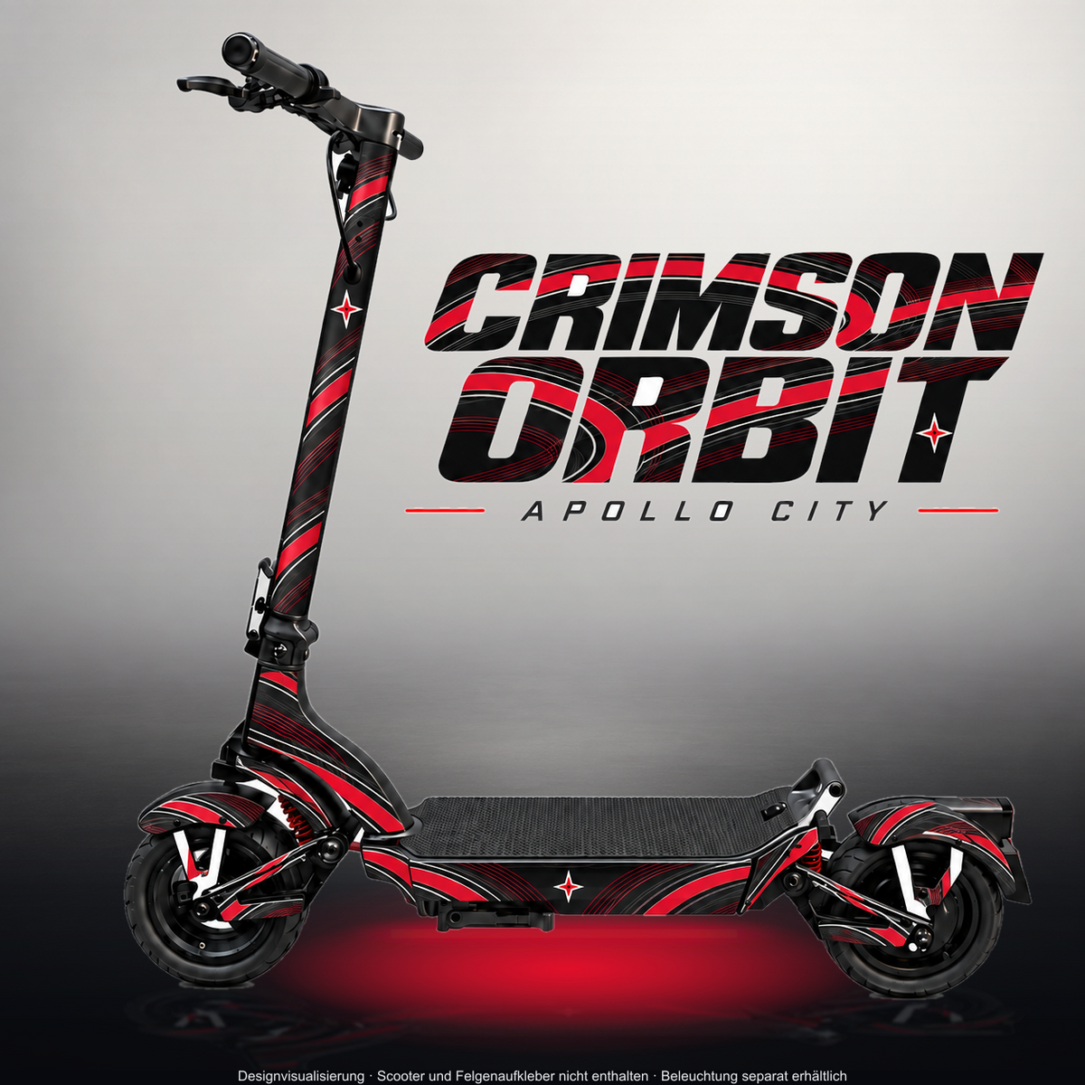 APOLLO CITY / CITY PRO (2022–2024) SKIN | CRIMSON ORBIT – Designvisualisierung im Studio-Look mit Licht in der Skinfarbe; Scooter nicht enthalten, Beleuchtung separat erhältlich