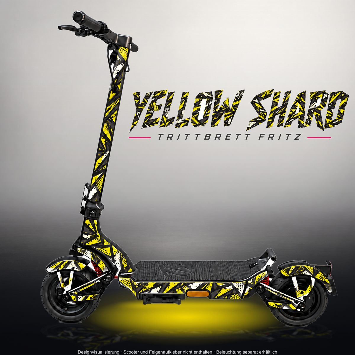 TRITTBRETT FRITZ SKIN | YELLOW SHARD – Designvisualisierung im Studio-Look mit Licht in der Skinfarbe; Scooter nicht enthalten, Beleuchtung separat erhältlich