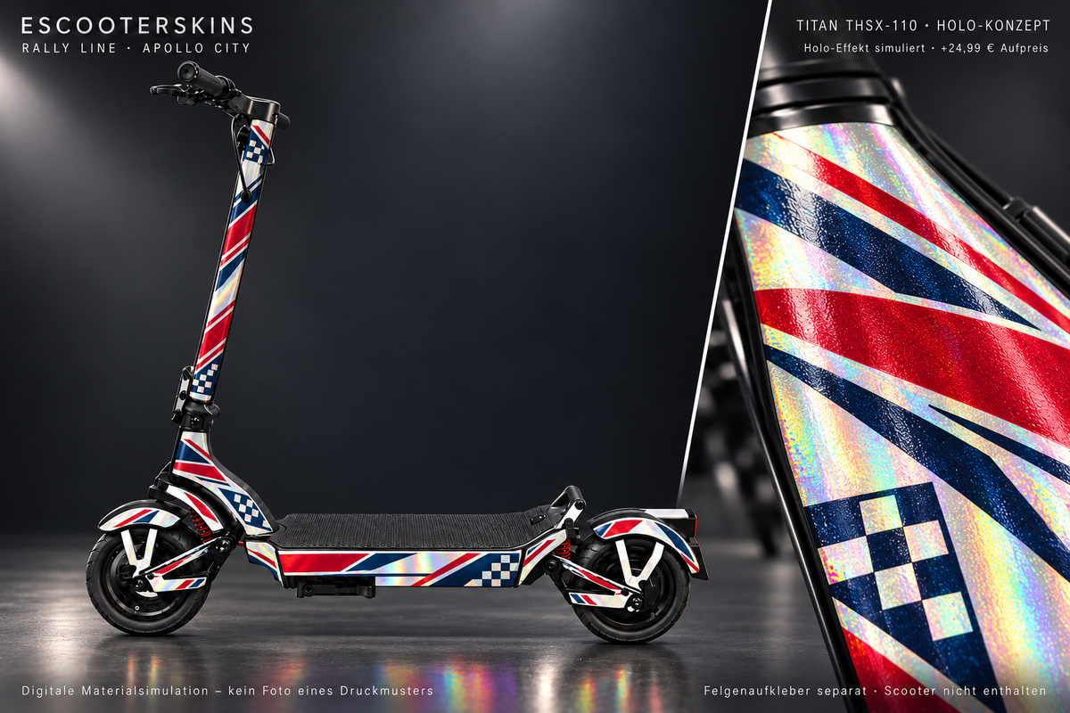 APOLLO CITY / CITY PRO (2022–2024) SKIN | RALLY LINE – Holo-Effekt simuliert; +24,99 EUR Aufpreis. Digitale Materialsimulation, keine physische Druckprobe. Nur Body-Skin; Scooter und Felgenaufkleber nicht enthalten.