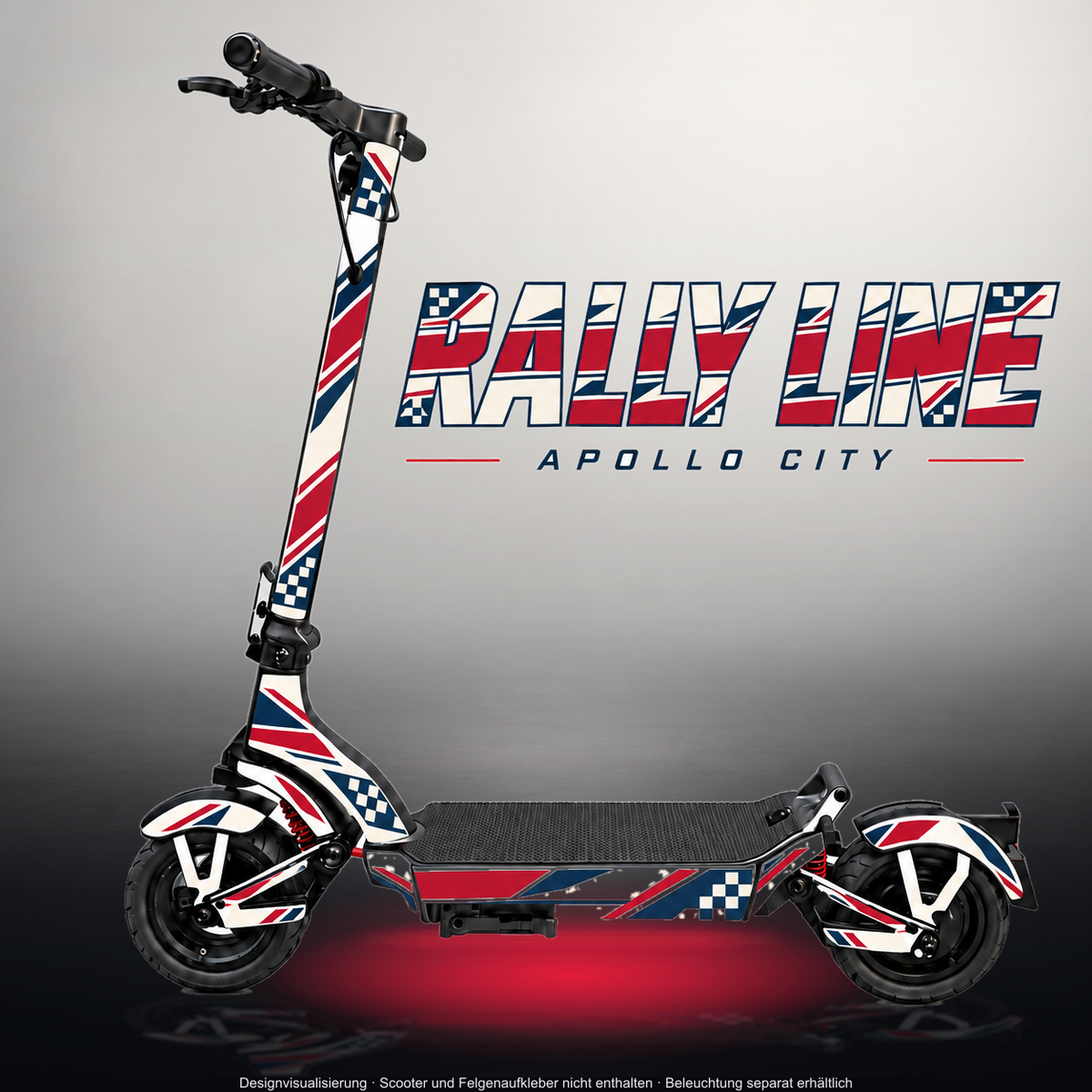 APOLLO CITY / CITY PRO (2022–2024) SKIN | RALLY LINE – Designvisualisierung im Studio-Look mit Licht in der Skinfarbe; Scooter nicht enthalten, Beleuchtung separat erhältlich
