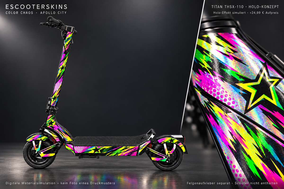 APOLLO CITY / CITY PRO (2022–2024) SKIN | COLOR CHAOS – Holo-Effekt simuliert; +24,99 EUR Aufpreis. Digitale Materialsimulation, keine physische Druckprobe. Nur Body-Skin; Scooter und Felgenaufkleber nicht enthalten.