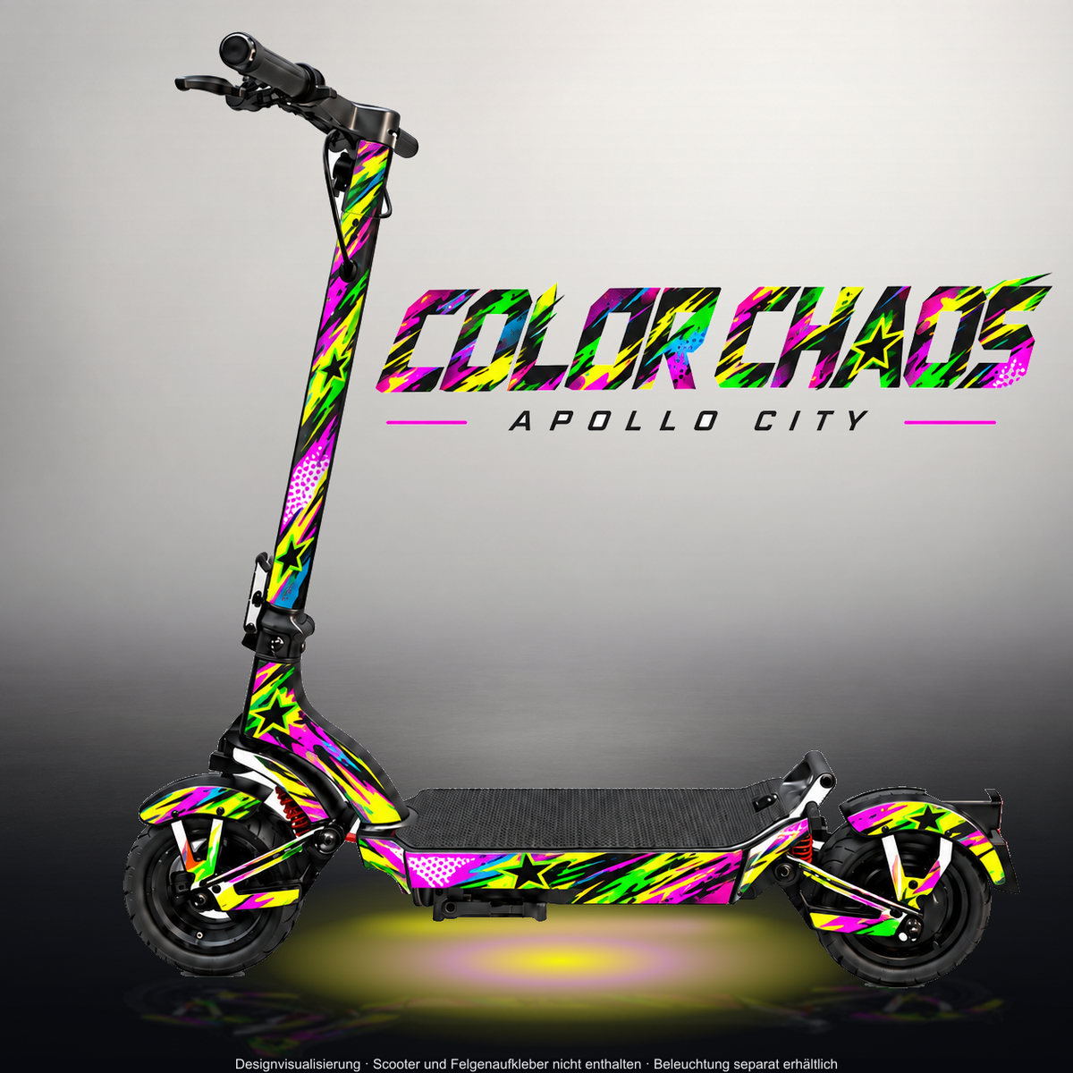 APOLLO CITY / CITY PRO (2022–2024) SKIN | COLOR CHAOS – Designvisualisierung im Studio-Look mit Licht in der Skinfarbe; Scooter nicht enthalten, Beleuchtung separat erhältlich