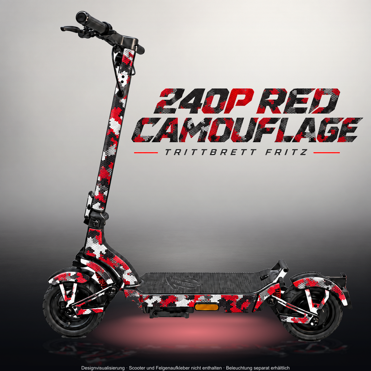 TRITTBRETT FRITZ SKIN | 240P RED CAMOUFLAGE – Designvisualisierung im Studio-Look mit Licht in der Skinfarbe; Scooter nicht enthalten, Beleuchtung separat erhältlich