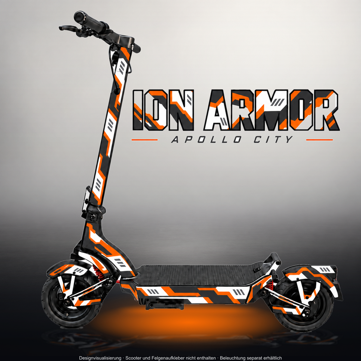 APOLLO CITY / CITY PRO (2022–2024) SKIN | ION ARMOR – Designvisualisierung im Studio-Look mit Licht in der Skinfarbe; Scooter nicht enthalten, Beleuchtung separat erhältlich