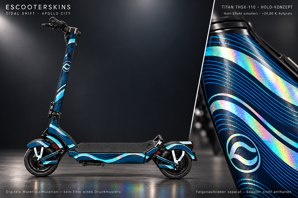 APOLLO CITY / CITY PRO (2022–2024) SKIN | TIDAL SHIFT – Holo-Effekt simuliert; +24,99 EUR Aufpreis. Digitale Materialsimulation, keine physische Druckprobe. Nur Body-Skin; Scooter und Felgenaufkleber nicht enthalten.