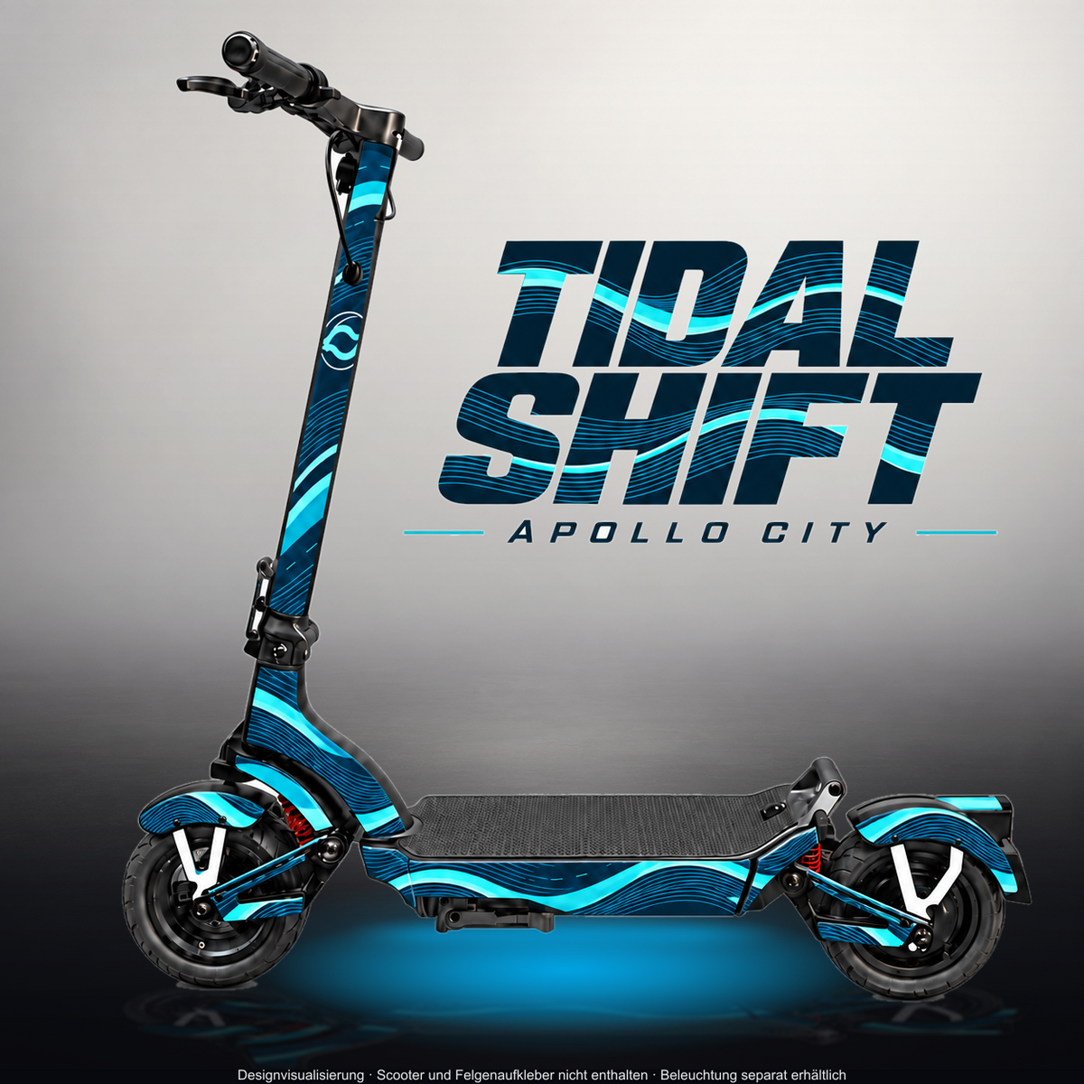 APOLLO CITY / CITY PRO (2022–2024) SKIN | TIDAL SHIFT – Designvisualisierung im Studio-Look mit Licht in der Skinfarbe; Scooter nicht enthalten, Beleuchtung separat erhältlich